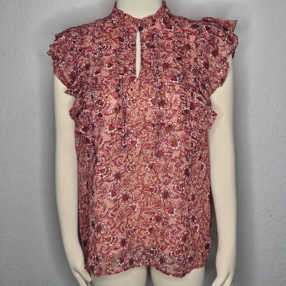 LOFT Ruffle Floral Blouse Pink Red Sheer Romantic Cottagecore Top Large NWT - Picture 1 of 8